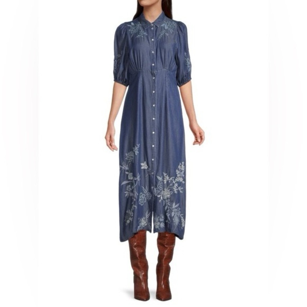 Johnny Was Jacqueline Puff Sleeve Midi Shirtdress in Blue Chambray Sz M